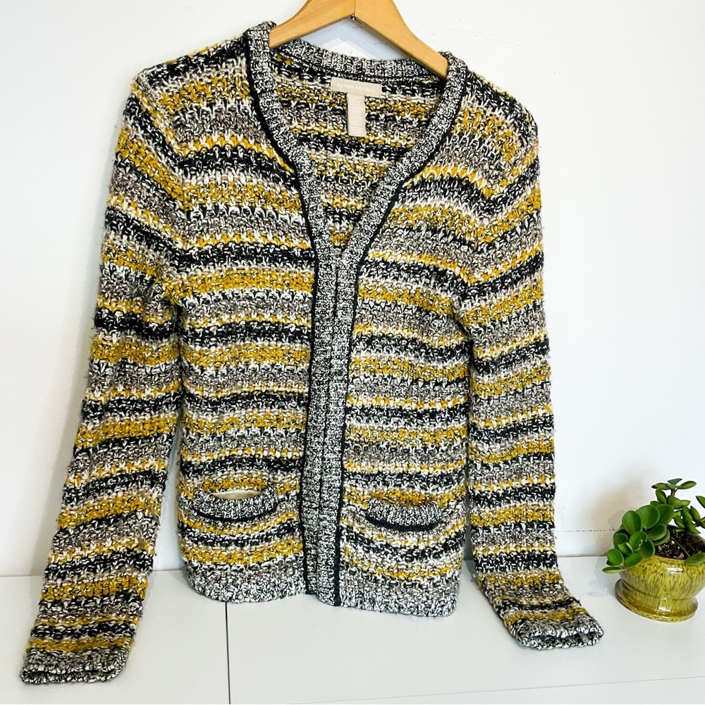 Banana Republic Yellow Black Gray Striped Knit Cardigan